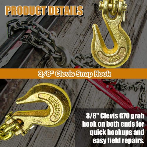 G80 Transport Binder Chain 3/8 Inch x 20 Foot | Tow Chain with Clevis Grab Hooks | 7,100 lbs Safe Working Load | Heavy Duty Chain for Transporting Towing