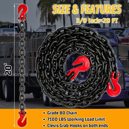 G80 Safety Binder Chain 3/8"×20 FT,Wll 7100 lbs Working Load Limit Heavy Duty Chain for Transporting