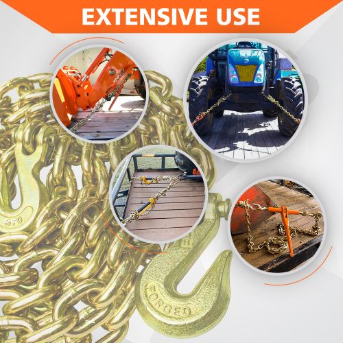 G80 Transport Binder Chain 3/8 Inch x 16 Foot Safety/Binder Chain with Clevis Grab Hooks 7,100 lbs Safe Working Load Logging Chain for Transporting Towing Tie Down Binding Equipment