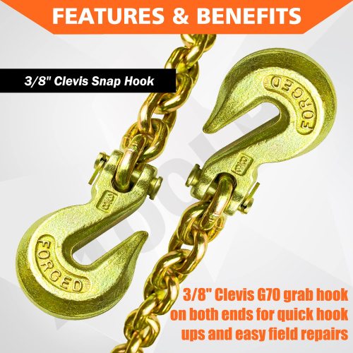 G80 Transport Binder Chain 3/8 Inch x 16 Foot Safety/Binder Chain with Clevis Grab Hooks 7,100 lbs Safe Working Load Logging Chain for Transporting Towing Tie Down Binding Equipment