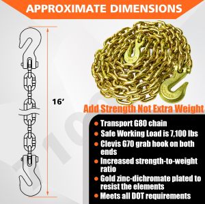 G80 Transport Binder Chain 3/8 Inch x 16 Foot Safety/Binder Chain with Clevis Grab Hooks 7,100 lbs Safe Working Load Logging Chain for Transporting Towing Tie Down Binding Equipment