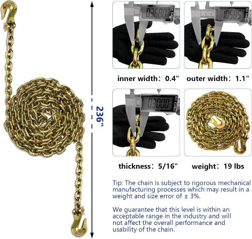 5/16 Chain with Hooks Grade 80 4900 lbs Working Load Tow Log Chain Towing Trailer Tie Down Binding Equipment 5/16 in x 20Ft