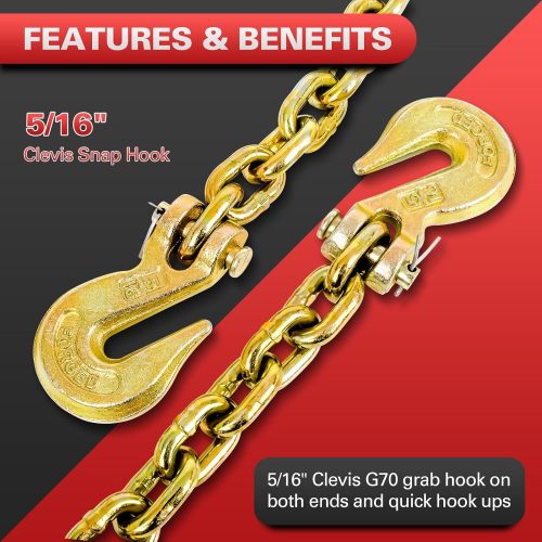 Tow Chain ‎5/16"x10ft G80 Binder Chain with G70 Hooks 4900 lbs Safe Working Load Logging Chain for Transporting Towing Tie Down Binding Equipment