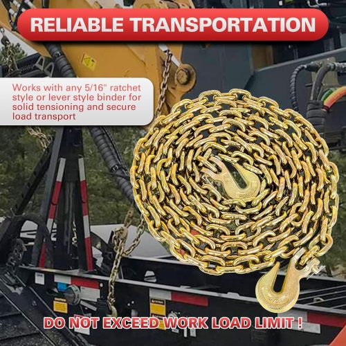 Tow Chain ‎5/16"x10ft G80 Binder Chain with G70 Hooks 4900 lbs Safe Working Load Logging Chain for Transporting Towing Tie Down Binding Equipment