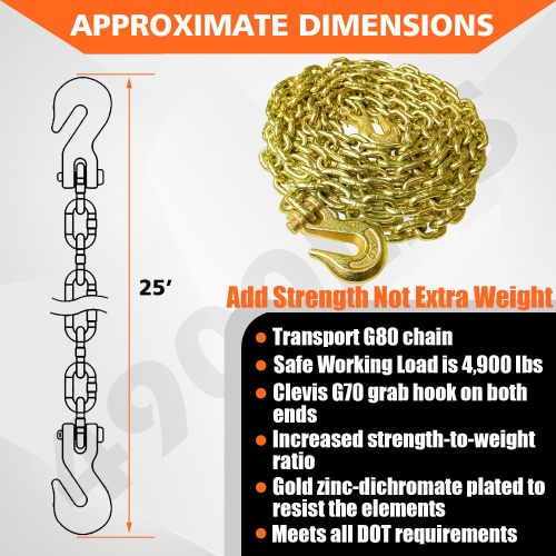 Tow Chain ‎5/16"x10ft G80 Binder Chain with G70 Hooks 4900 lbs Safe Working Load Logging Chain for Transporting Towing Tie Down Binding Equipment