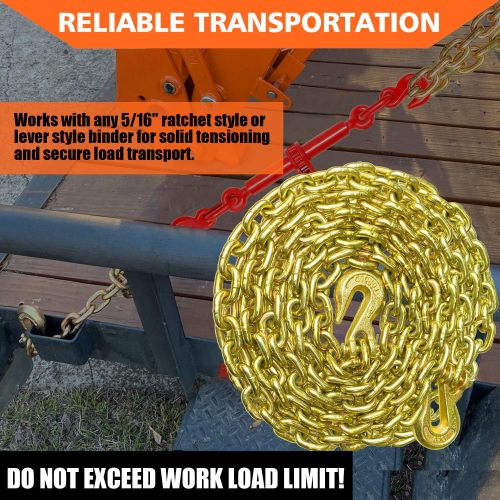 Tow Chain ‎5/16"x10ft G80 Binder Chain with G70 Hooks 4900 lbs Safe Working Load Logging Chain for Transporting Towing Tie Down Binding Equipment