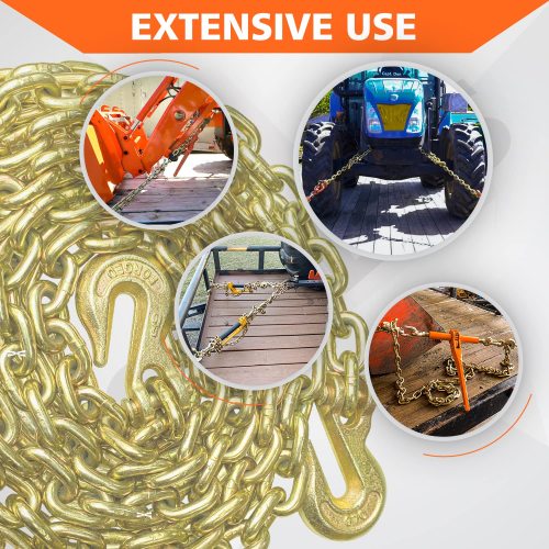 Tow Chain ‎5/16"x10ft G80 Binder Chain with G70 Hooks 4900 lbs Safe Working Load Logging Chain for Transporting Towing Tie Down Binding Equipment