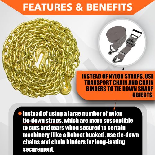 Tow Chain ‎5/16"x10ft G80 Binder Chain with G70 Hooks 4900 lbs Safe Working Load Logging Chain for Transporting Towing Tie Down Binding Equipment