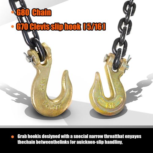 G80 Log Chain 5/16'' X 15 Feet Transport Chain with Clevis Grab Hooks Heavy Duty Safety Chain WLL 4,900 lbs for Hauling & Towing