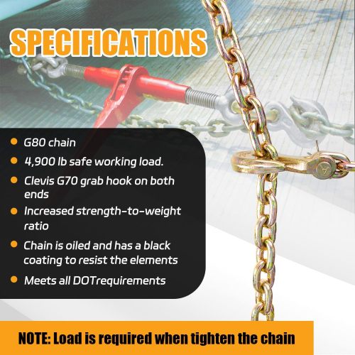 Transport Binder Chain 5/16" x 16 FT Heavy Duty G80 Tow Chain with Clevis Grab Hooks 4900 lbs Working Load Limit, Ideal for Lifting, Logging, Towing Tie-Down and Load Binding Applications