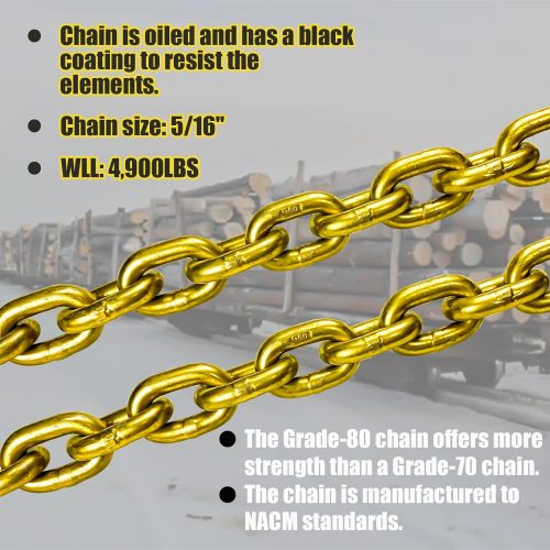 G80 Log Chain 5/16'' X 14 Ft Tow Chain with Grab and Slip Hooks  Heavy Duty Chain WLL 4,900 lbs Trailer Safety Chain for Pulling & Towing