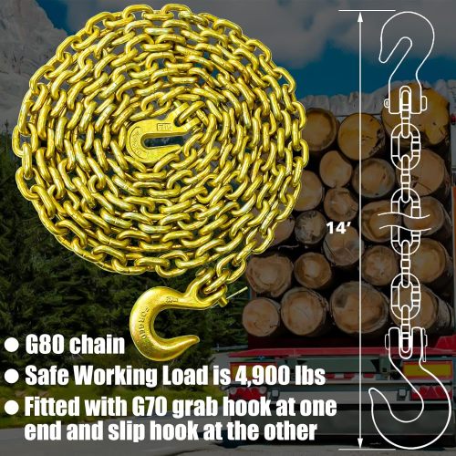 G80 Log Chain 5/16'' X 14 Ft Tow Chain with Grab and Slip Hooks  Heavy Duty Chain WLL 4,900 lbs Trailer Safety Chain for Pulling & Towing