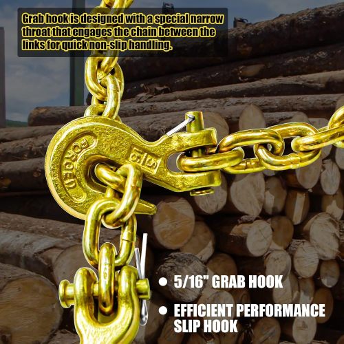 G80 Log Chain 5/16'' X 14 Ft Tow Chain with Grab and Slip Hooks  Heavy Duty Chain WLL 4,900 lbs Trailer Safety Chain for Pulling & Towing