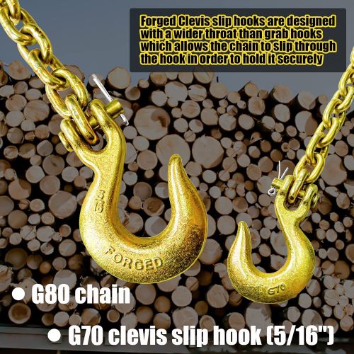 G80 Log Chain 5/16'' X 14 Ft Tow Chain with Grab and Slip Hooks  Heavy Duty Chain WLL 4,900 lbs Trailer Safety Chain for Pulling & Towing