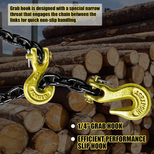 G80 Transport Binder Chain 1/4 Inch x 14 Ft Tow Chain with Clevis Grab Hooks 3,300 lbs Safe Working Load Heavy Duty Chain for Transporting Towing Tie Down Binding Equipment