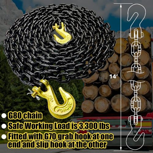 G80 Transport Binder Chain 1/4 Inch x 14 Ft Tow Chain with Clevis Grab Hooks 3,300 lbs Safe Working Load Heavy Duty Chain for Transporting Towing Tie Down Binding Equipment