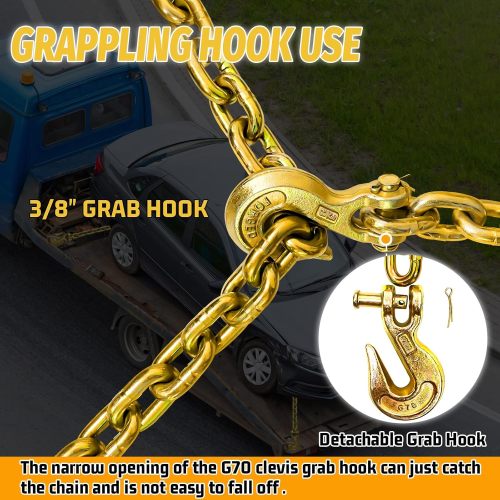 G80 Binder Chain Wll 7100 lbs Safe Working Load Transport Binder Chain with Clevis Grab Hooks 3/8"×20 FT Safety Heavy Duty Tow Chain for Lifting&Tie Down Hitch