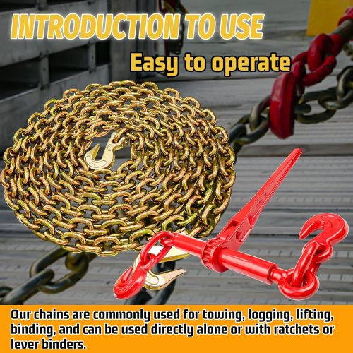 G80 Binder Chain Wll 7100 lbs Safe Working Load Transport Binder Chain with Clevis Grab Hooks 3/8"×20 FT Safety Heavy Duty Tow Chain for Lifting&Tie Down Hitch