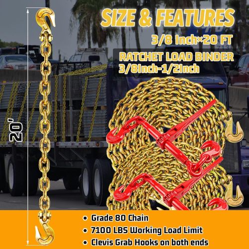 G80 Binder Chain Wll 7100 lbs Safe Working Load Transport Binder Chain with Clevis Grab Hooks 3/8"×20 FT Safety Heavy Duty Tow Chain for Lifting&Tie Down Hitch