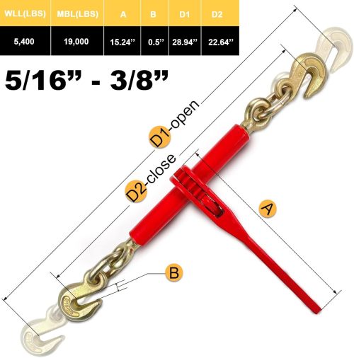 5/16"-3/8" Ratchet Load Binder and 5/16" G70 Transport Chain Kit,Chain Binder with 5,400Lbs Working Load Limit,Tow Chain with Grappling Hook,Tie Down Heavy Loads to A Truck or Flatbed Trailer