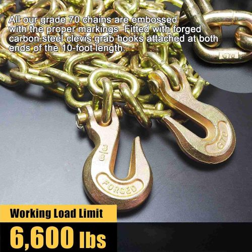 Transport Binder Chain Tow Chain with G70,3/8'' x 10' with Clevis Grab Hooks,6,600 lbs Working Load Limit,for Tie Down, Hauling, Secure Heavy Loads to A Truck Or Flatbed Trailer