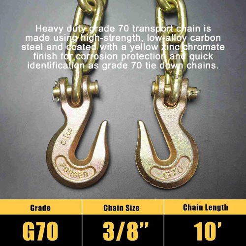 Transport Binder Chain Tow Chain with G70,3/8'' x 10' with Clevis Grab Hooks,6,600 lbs Working Load Limit,for Tie Down, Hauling, Secure Heavy Loads to A Truck Or Flatbed Trailer