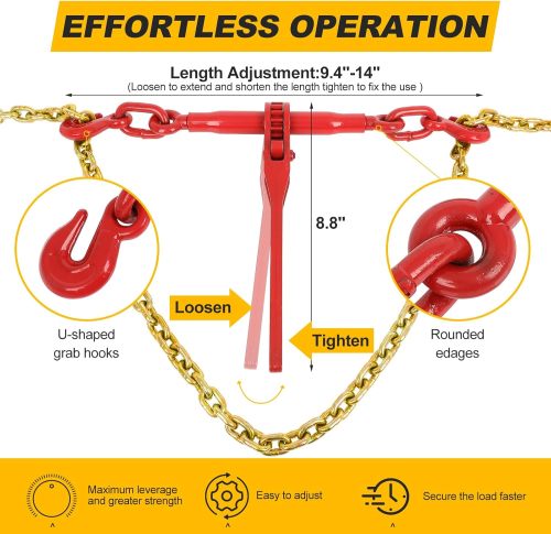 1/4" - 5/16" Ratchet Chain Binder 2600LBS with 1/4" X 12FT Binder Chain 3150LBS with Grappling Hook for Tie Down Heavy Loads to a Truck or Flatbed Trailer