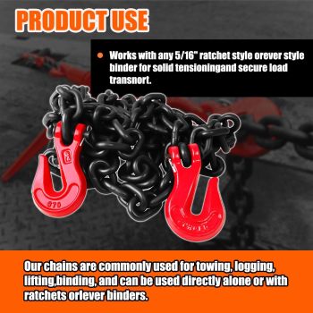 G80 Transport Binder Chain 5/16 Inch x 10 Foot | 4,900 lbs Safe Working Load | Tow Chain with Clevis Grab Hooks | Ideal for Transporting, Towing, and Binding Equipment