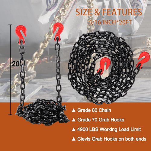 5/16 Inch x 20 Foot G80 Transport Binder Chain Safety/Binder Chain with Clevis Grab Hooks 4,900 lbs Safe Working Load Logging Chain for Transporting Towing Tie Down Binding Equipment