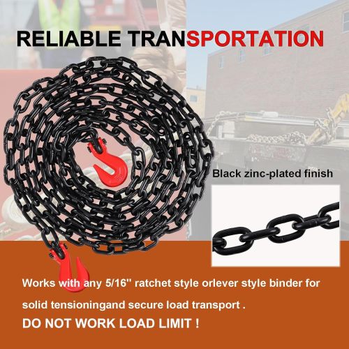 5/16 Inch x 20 Foot G80 Transport Binder Chain Safety/Binder Chain with Clevis Grab Hooks 4,900 lbs Safe Working Load Logging Chain for Transporting Towing Tie Down Binding Equipment