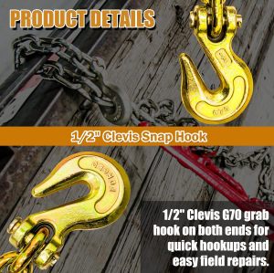 G80 Transport Binder Chain 1/2 Inch x 20 Foot | Tow Chain with Clevis Grab Hooks | 12,000 lbs Safe Working Load | Heavy Duty Chain for Transporting Towing