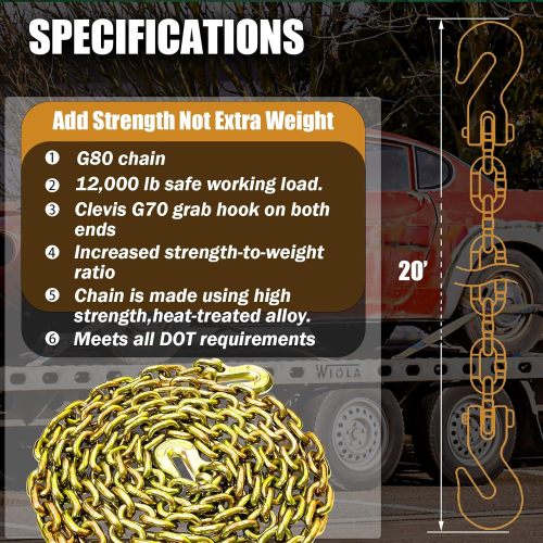 G80 Transport Binder Chain 1/2 Inch x 20 Foot | Tow Chain with Clevis Grab Hooks | 12,000 lbs Safe Working Load | Heavy Duty Chain for Transporting Towing