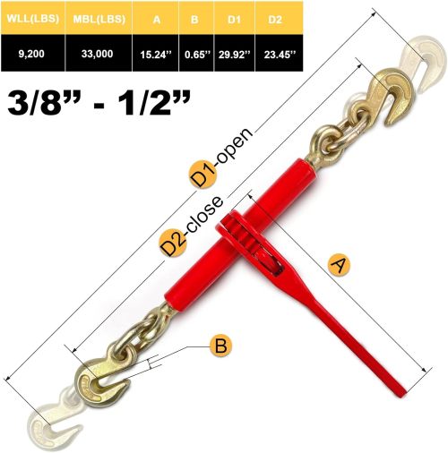 3/8"-1/2" Ratchet Load Binders Chain Binder with 9,200Lbs Load Capacity,Use with 3/8 inch. G70 or 1/2 inch. G43 Transport Chain,Tie Down Heavy Loads to A Truck or Flatbed Trailer