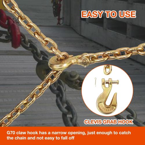 Transport Binder Chain with Clevis Grab Hooks 3/8 Inch x 10 Foot G80 Chain 7100 lbs Safe Working Load Logging Chain for Transporting Towing Tie Down Binding