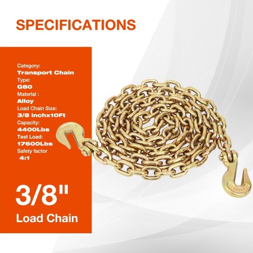 Transport Binder Chain with Clevis Grab Hooks 3/8 Inch x 10 Foot G80 Chain 7100 lbs Safe Working Load Logging Chain for Transporting Towing Tie Down Binding