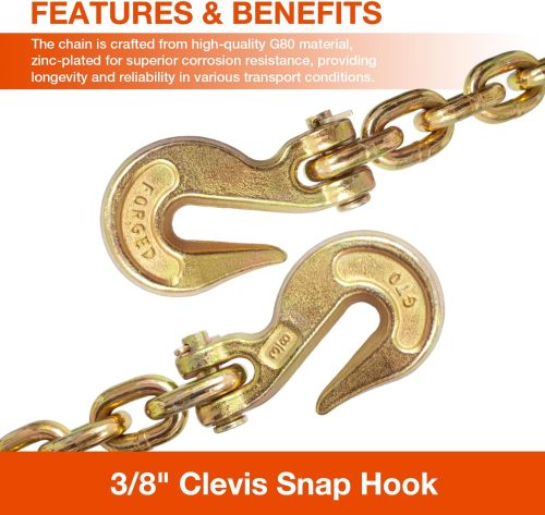 Transport Binder Chain with Clevis Grab Hooks 3/8 Inch x 10 Foot G80 Chain 7100 lbs Safe Working Load Logging Chain for Transporting Towing Tie Down Binding