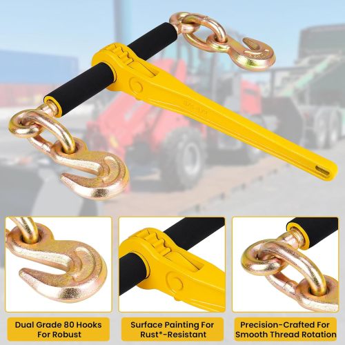 Chain Binders with 2 Grab Hooks G80 1/4in-5/16in Heavy Duty Ratchet Binders Tie Downs for Grade 80 Transport Chain 2200lbs Safe Working Load