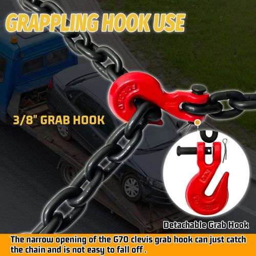 3/8" Safety Binder Chain 20 FT Heavy Duty Transport Chain with 7100 lbs Working Load Limit G80 Lifting Tow Binder Chain with G70 Clevis Grab Hooks