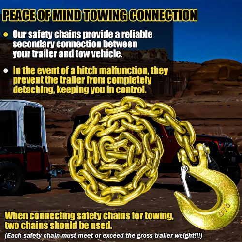 G80 Trailer Safety Chain 39 Inch Tow Chain with 3/8'' Clevis Snap Hook 2-Pack Heavy Duty Chain Break Strength 25000 lbs for Towing