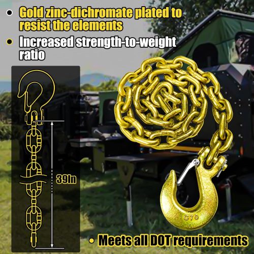 G80 Trailer Safety Chain 39 Inch Tow Chain with 3/8'' Clevis Snap Hook 2-Pack Heavy Duty Chain Break Strength 25000 lbs for Towing