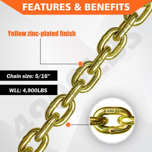 G80 Transport Binder Chain 5/16 Inch x 18 Foot with 2 Clevis Grab Hooks & 2 Added Clevis Snap Hook, 4,900 lbs SWL, Heavy-Duty Logging Chain for Transporting, Towing, Tie Down