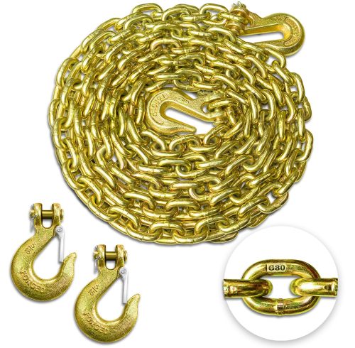 G80 Transport Binder Chain 5/16 Inch x 18 Foot with 2 Clevis Grab Hooks & 2 Added Clevis Snap Hook, 4,900 lbs SWL, Heavy-Duty Logging Chain for Transporting, Towing, Tie Down