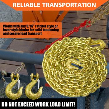G80 Transport Binder Chain 5/16 Inch x 18 Foot with 2 Clevis Grab Hooks & 2 Added Clevis Snap Hook, 4,900 lbs SWL, Heavy-Duty Logging Chain for Transporting, Towing, Tie Down