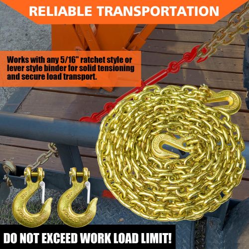 G80 Transport Binder Chain 5/16 Inch x 18 Foot with 2 Clevis Grab Hooks & 2 Added Clevis Snap Hook, 4,900 lbs SWL, Heavy-Duty Logging Chain for Transporting, Towing, Tie Down