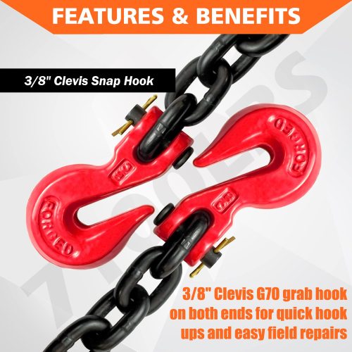 G80 Binder Safety Chain 3/8 Inch x 10 Foot Transport Binder Chain with Clevis Grab Hooks 7100 lbs Safe Working Load Logging Chain for Transporting Towing Tie Down Binding Equipment