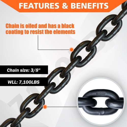 G80 Binder Safety Chain 3/8 Inch x 10 Foot Transport Binder Chain with Clevis Grab Hooks 7100 lbs Safe Working Load Logging Chain for Transporting Towing Tie Down Binding Equipment