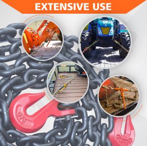 G80 Binder Safety Chain 3/8 Inch x 10 Foot Transport Binder Chain with Clevis Grab Hooks 7100 lbs Safe Working Load Logging Chain for Transporting Towing Tie Down Binding Equipment