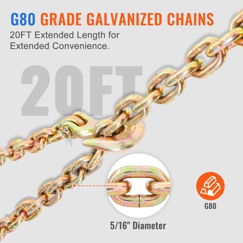 Ratchet Chain Binder with Chain 5/16-3/8 inch 7100 lbs Load Limit G80 Chain Detachable Anti-Skid Handle Tie Down Hauling Chain Binders for Flatbed Truck Trailer