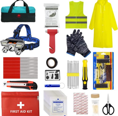 ATLI Car Emergency Kit Car Safety Kit Without Jumper Cables Emergency Roadside Kit Safety Kit for Car Auto Emergency Road Kit with Reflector Vest/Headlamp Flashlight for Men, Women, Teen