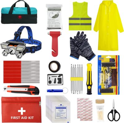 Car Emergency Kit Car Safety Kit Without Jumper Cables Emergency Roadside Kit Safety Kit for Car Auto Emergency Road Kit with Reflector Vest/Headlamp Flashlight for Men, Women, Teen